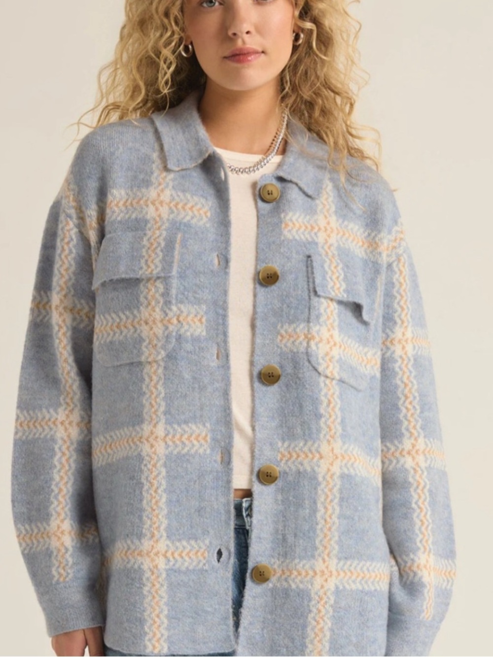 Z Supply Light Blue Plaid Teddy Shacket Coastal Fall Style
